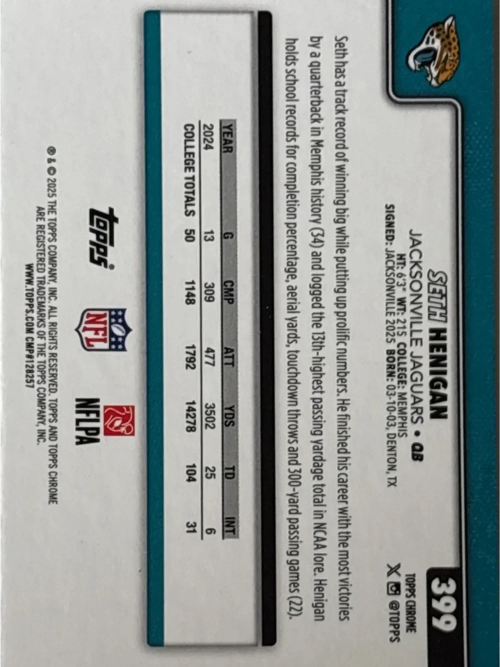 Topps Chrome Jaguars Rookie Football Card - Seth Henigan Prizm